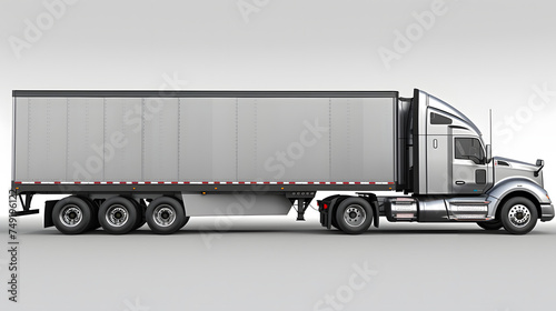 A future silver semi truck is shown from the side view. It has a black and white striped trailer and black wheels. 