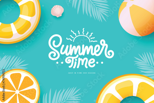 Summer time text vector template design. Summer time greeting text with yellow floaters, orange slice and beachball decoration elements in blue background. Vector illustration summer time background. 