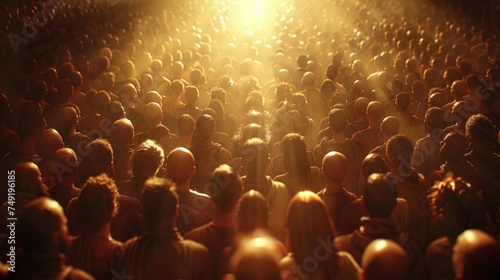 a large group of people standing in front of a bright light in the middle of a room filled with people. photo