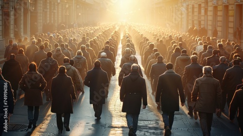 a large group of people walking down a street with the sun shining through the buildings on the other side of the street. photo