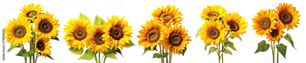 Fototapeta premium Set of bright sunflowers in full bloom, cut out