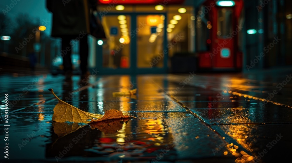 a leaf laying on the ground in the rain next to a red double decker bus on a city street at night.