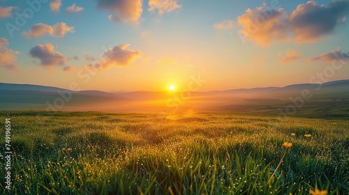 World environment day concept: Calm of country meadow sunrise landscape background. photo