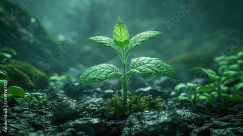 a green plant sprouts from the ground in the middle of a mossy, rocky, and mossy area. photo