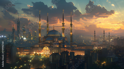 Illustration of a view of a mosque at night. Ramadan Background