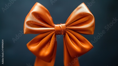 a close up of a large orange bow on a black background with a blue backgrouch behind it.