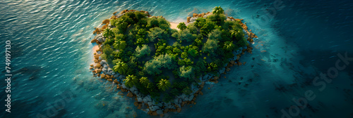 Caribbean Island in the Shape of a Love Heart, Heart shaped waves symbolize love in nature beauty  © Amjid