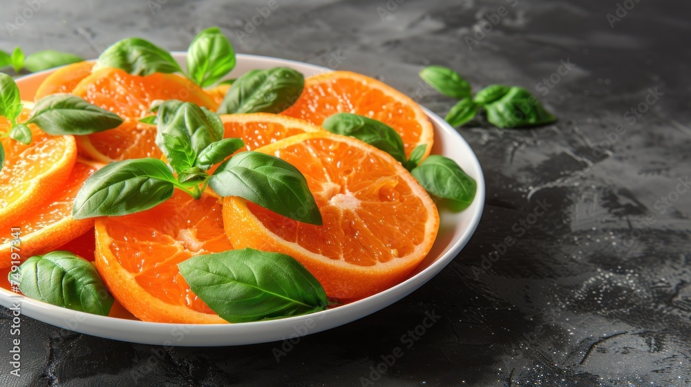 a white bowl filled with sliced oranges and basil on top of a black counter top next to a green leafy plant. a white bowl filled with sliced oranges and basil on top of a black counter top next to a green leafy plant.