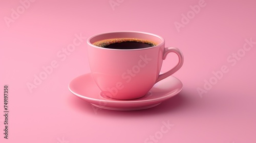 a cup of coffee on a saucer on a pink background with a shadow of a cup of coffee on the saucer.