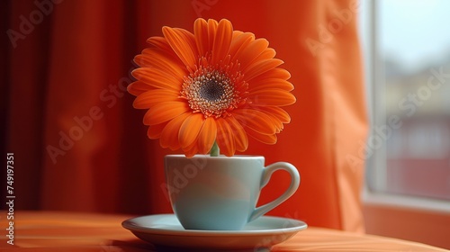 a cup with a flower in it sits on a saucer on a table in front of an orange curtain. photo