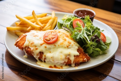 Fried chicken fillet with cheese sauce and french fries on wooden table