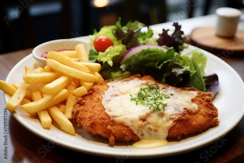 Fried chicken fillet with cheese sauce and french fries on wooden table
