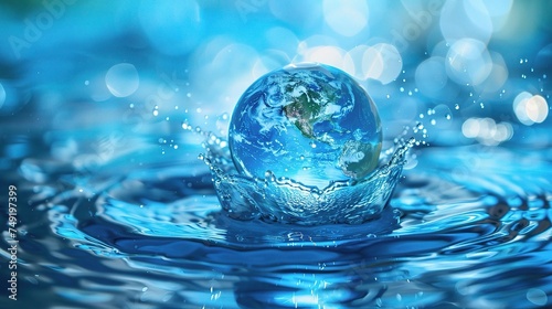World Water Day concept with world in clean water drop on and fresh blue water ripples design, Environment save and ecology theme concept