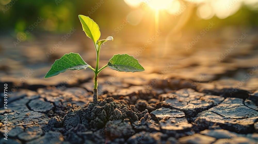 Young plant growing on dry soil with green background under the sunlight. Earth day concept Young plant growing on dry soil with green background under the sunlight. Earth day concept