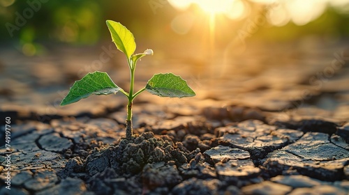 Young plant growing on dry soil with green background under the sunlight. Earth day concept