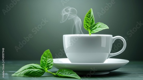 a cup of tea with a green leaf sprout sticking out of it and smoke coming out of it. photo