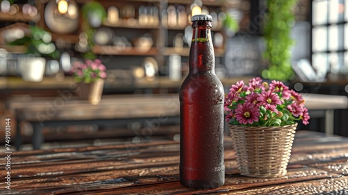 a bottle of beer sitting on top of a wooden table next to a basket with pink flowers inside of it. photo