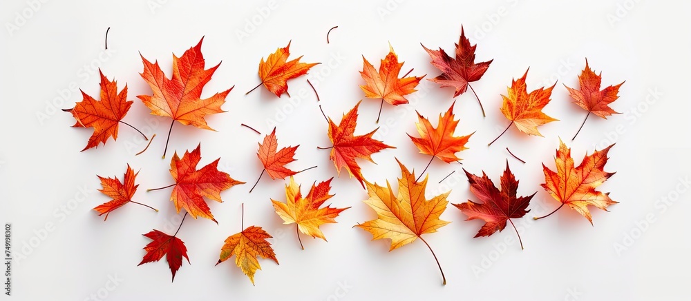 A collection of orange and red maple leaves is arranged on a clean white background, resembling a flat lay composition. The leaves are vibrant and varied in color, evoking the essence of autumn and A collection of orange and red maple leaves is arranged on a clean white background, resembling a flat lay composition. The leaves are vibrant and varied in color, evoking the essence of autumn and