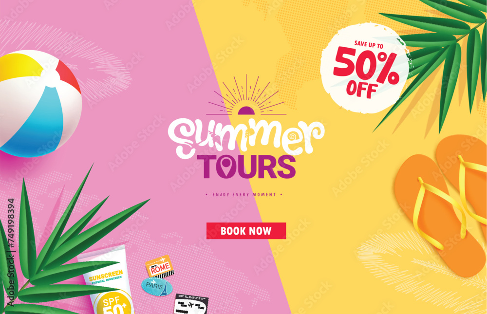 Summer tours online vector template design. Summer travel tours booking website with promo discount offer for holiday vacation reservation background. Vector illustration summer tours online 