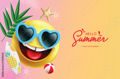 Summer hello emoji vector design. Summer hello greeting text with yellow emoji smiling face wearing sunglasses for holiday season tropical background. Vector illustration summer emoji greeting design.