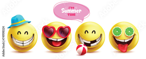 Summer emoji emoticon vector set. Summer time emojis character in smiling, happy and enjoy facial expression for tropical season yellow icon collection. Vector illustration summer emoji character. 
