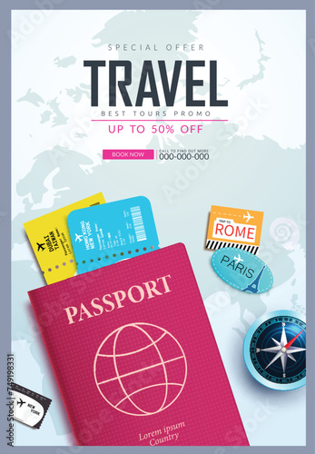 Travel online book vector poster design. Summer travel special offer discount promo with passport and ticket elements for online booking website advertisement. Vector illustration travel and tours 