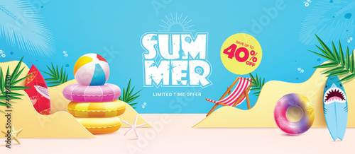 Summer sale vector banner design. Summer limited time offer text with beach elements in podium background for product display advertisement. Vector illustration summer holiday shopping banner. 
