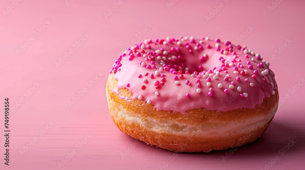 a frosted donut with pink icing and sprinkles on a pink background with a bite taken out of it. a frosted donut with pink icing and sprinkles on a pink background with a bite taken out of it.