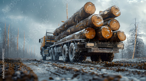 A truck is loaded with many logs.