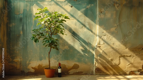 a small tree in a pot next to a bottle of wine in front of a wall with a shadow cast on it. photo