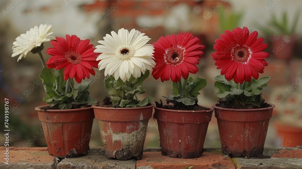 a group of red and white geranias in a row on a brick ledge in front of a brick wall.
