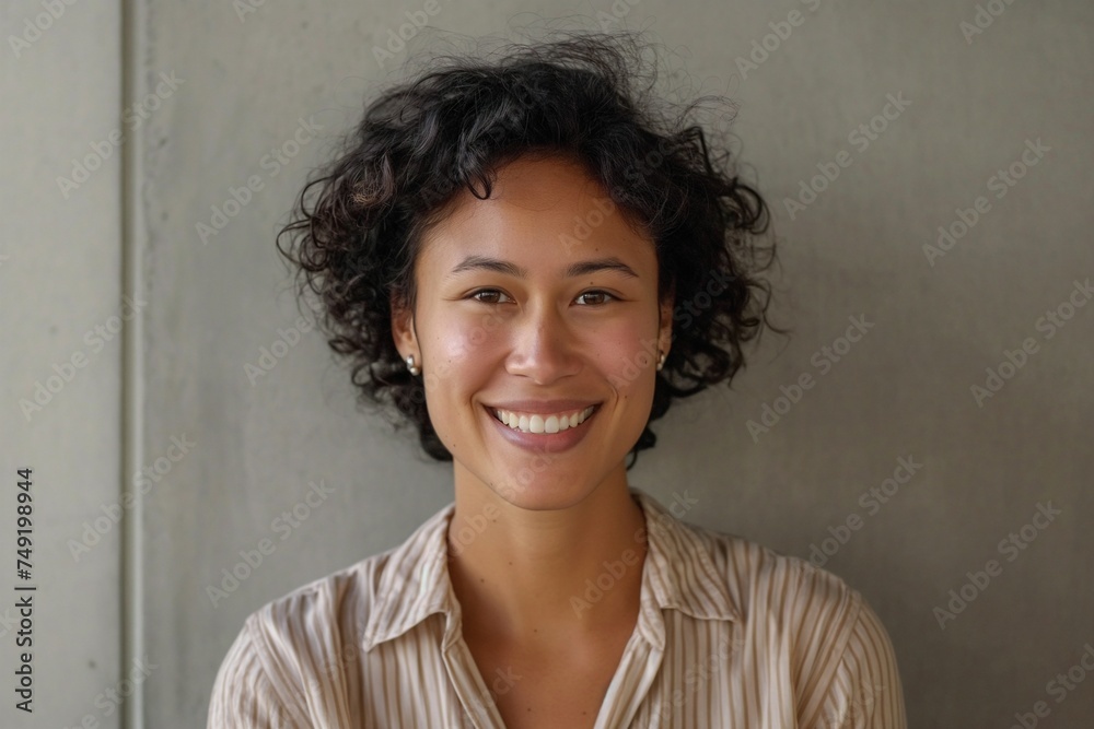 Fototapeta premium Cheerful young multiracial woman smiling and looking at camera. Generative AI
