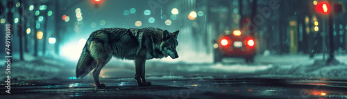 Lone wolf wandering through a snowy urban street at night. Wildlife in the city concept for environmental awareness and urban encroachment themes. Cinematic wide-angle shot with bokeh lights.