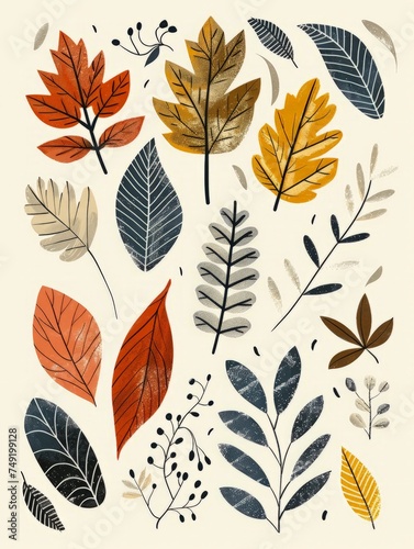 Various colored leaves scattered on a clean white surface  showcasing a mix of greens  yellows  reds  and browns in a vibrant display of autumn foliage.