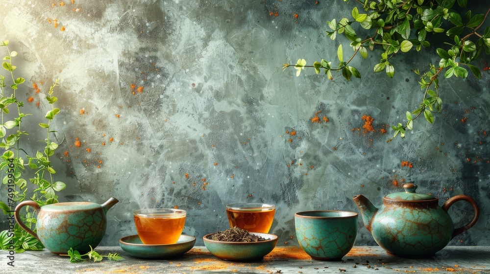 custom made wallpaper toronto digitalHerbal tea background. Tea cups with various dried tea leaves and flowers were shot from above on a rustic wooden table. Assortment of dry tea in ceramic bowls with copy space