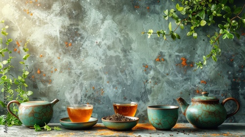 Wallpaper Mural Herbal tea background. Tea cups with various dried tea leaves and flowers were shot from above on a rustic wooden table. Assortment of dry tea in ceramic bowls with copy space Torontodigital.ca