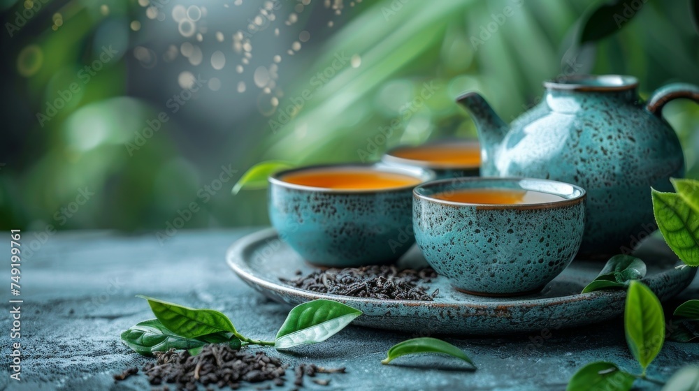 Herbal tea background. Tea cups with various dried tea leaves and flowers were shot from above on a rustic wooden table. Assortment of dry tea in ceramic bowls with copy space Herbal tea background. Tea cups with various dried tea leaves and flowers were shot from above on a rustic wooden table. Assortment of dry tea in ceramic bowls with copy space