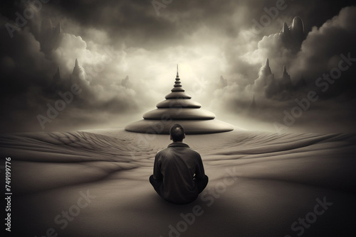 States of mind, psychology, culture and religion concept. Human silhouette sitting in meditation pose in surreal and mystical world background photo
