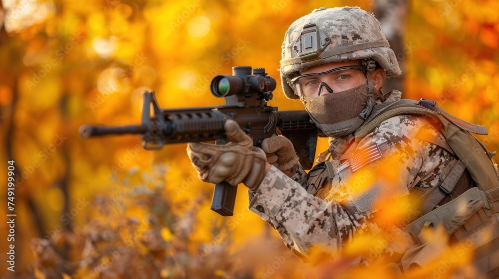 a man in camouflage holding a rifle in front of a tree filled with orange and yellow leaves in the fall.
