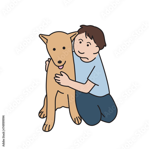 a man is cuddling his adorable dog. cartoon style vector illustration