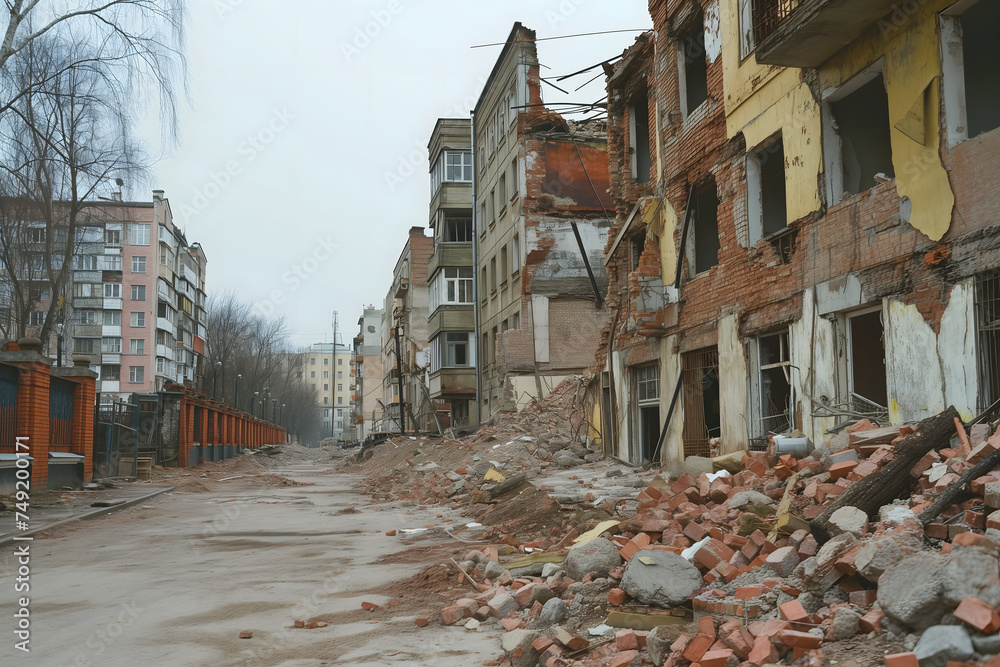 Ruined houses street after war. Neural network generated image. Not based on any actual scene or pattern.