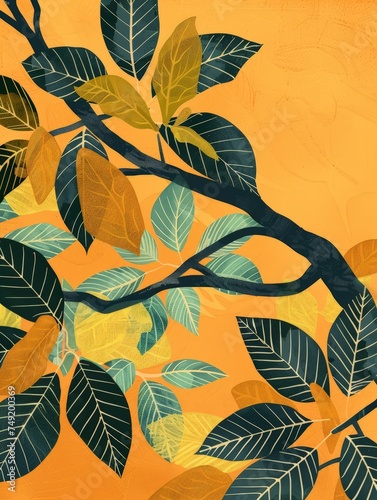 This artwork depicts a collection of detailed leaves painted on a bright yellow backdrop, demonstrating a striking contrast between the intricate foliage and the vivid background.