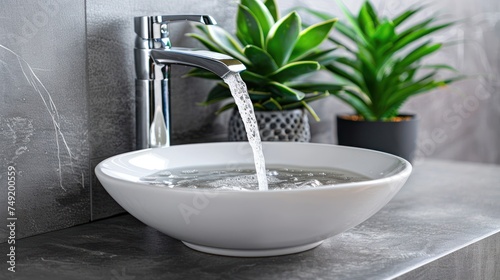a close up of a bowl sink with a faucet running from the faucet and a potted plant in the background. photo
