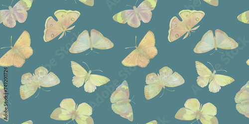 abstract watercolor seamless pattern, delicate butterflies hand drawn illustration on green background