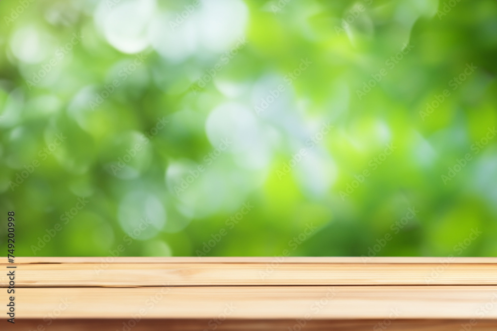 Wood table for food display with green tree garden Wood table for food display with green tree garden