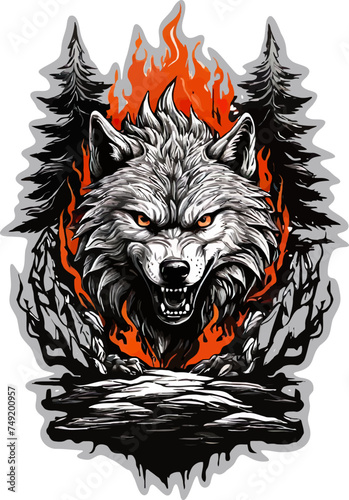 Wolf with root and fire vector illustration for t-shirt, stickers and others.