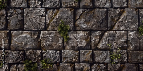 Textured stone wall with intermittent green plants, suitable for backgrounds or patterns in design projects.