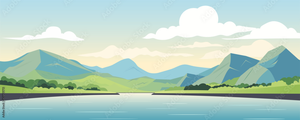 Fototapeta premium Landscape of a mountain lake. Vector illustration of a panoramic landscape of a large lake in the mountains against the backdrop of trees, high mountains, blue sky with clouds. Summer nature.