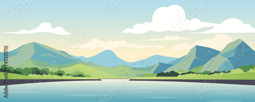 Landscape of a mountain lake. Vector illustration of a panoramic landscape of a large lake in the mountains against the backdrop of trees, high mountains, blue sky with clouds. Summer nature.