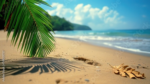 a close up of a palm tree on a beach with a body of water in the background and clouds in the sky.